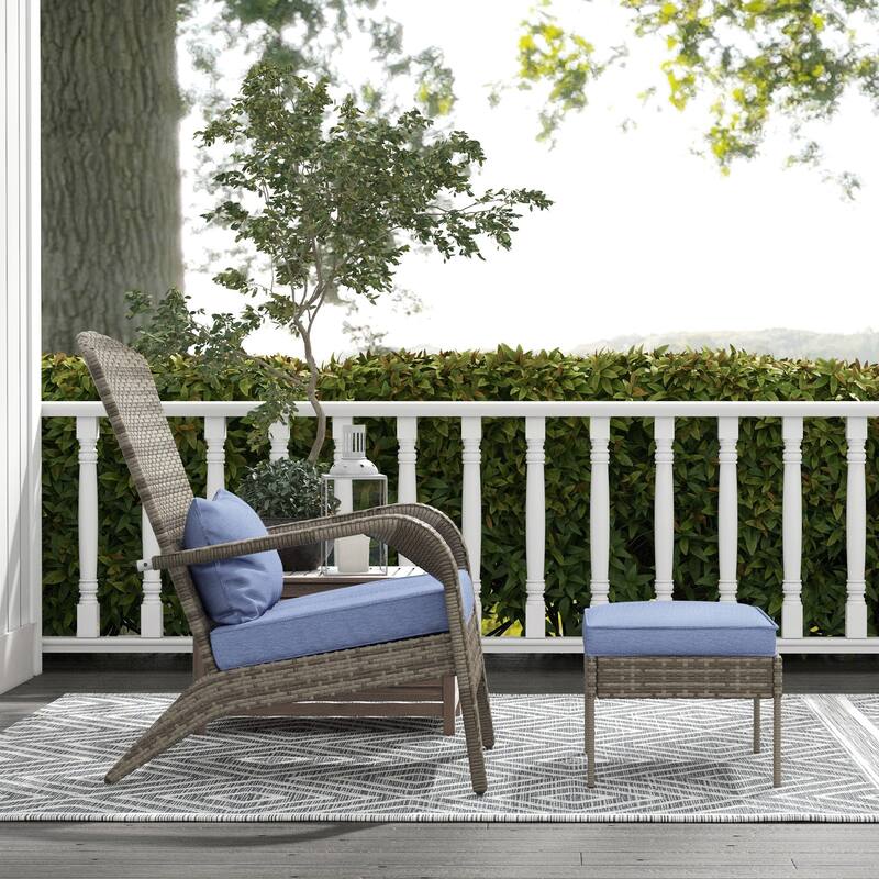 Outdoor Wicker Adirondack Chair with Ottoman, High-Back Lounge Chair with Cushions for Fire Pit, Porch, Patio
