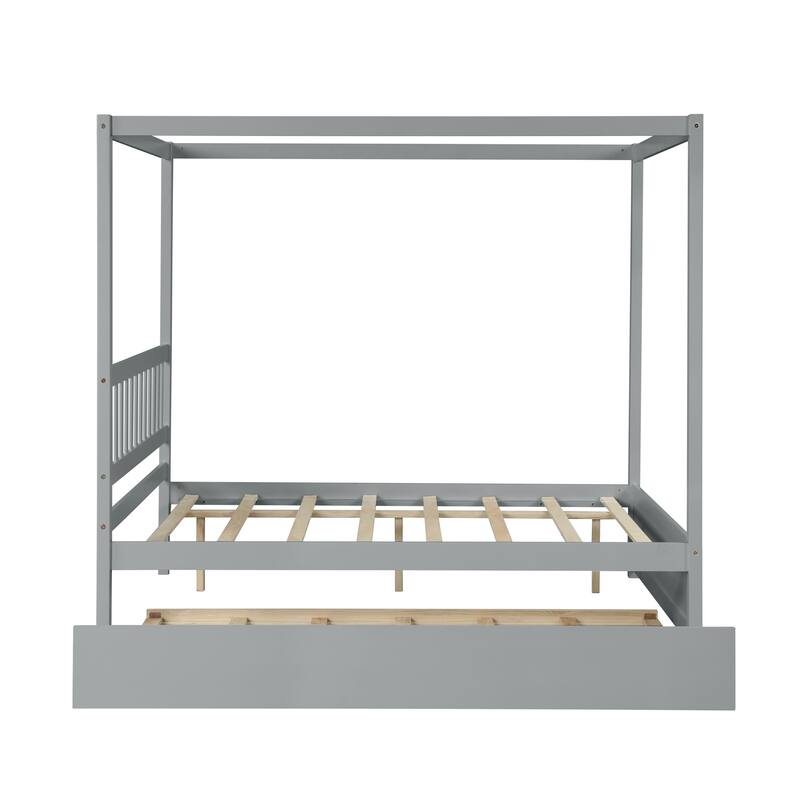 Kids Full Size Canopy Bed with Trundle, Solid Wood Frame, No Box Spring Needed