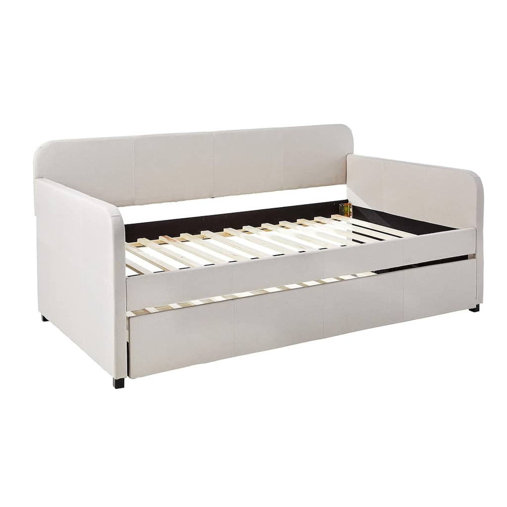 Fabric Upholstered Wooden Day Bed with Trundle and Panel Back, Beige