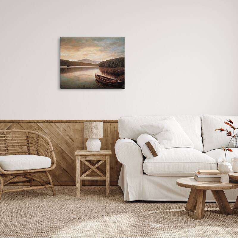 Stupell Lakeside Canoe Cloudy Sky Mountain Forest Landscape Canvas Wall Art - Brown