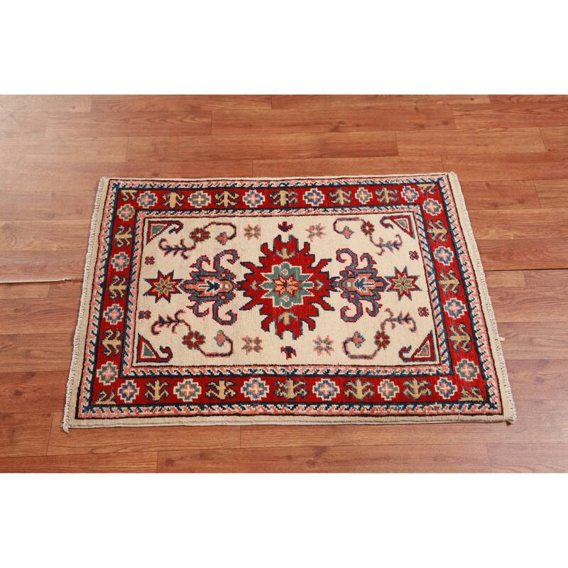Ivory Kazak Oriental Accent Foyer Rug Handmade Wool Carpet - 2'0"x 3'0"