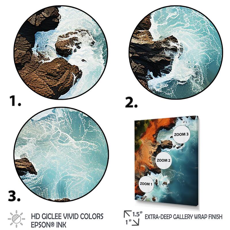 Designart "Rocky Beach Aerial View I" Coastal Beach White Wall Decor - Coastal Hallway Framed Wall Art Decor