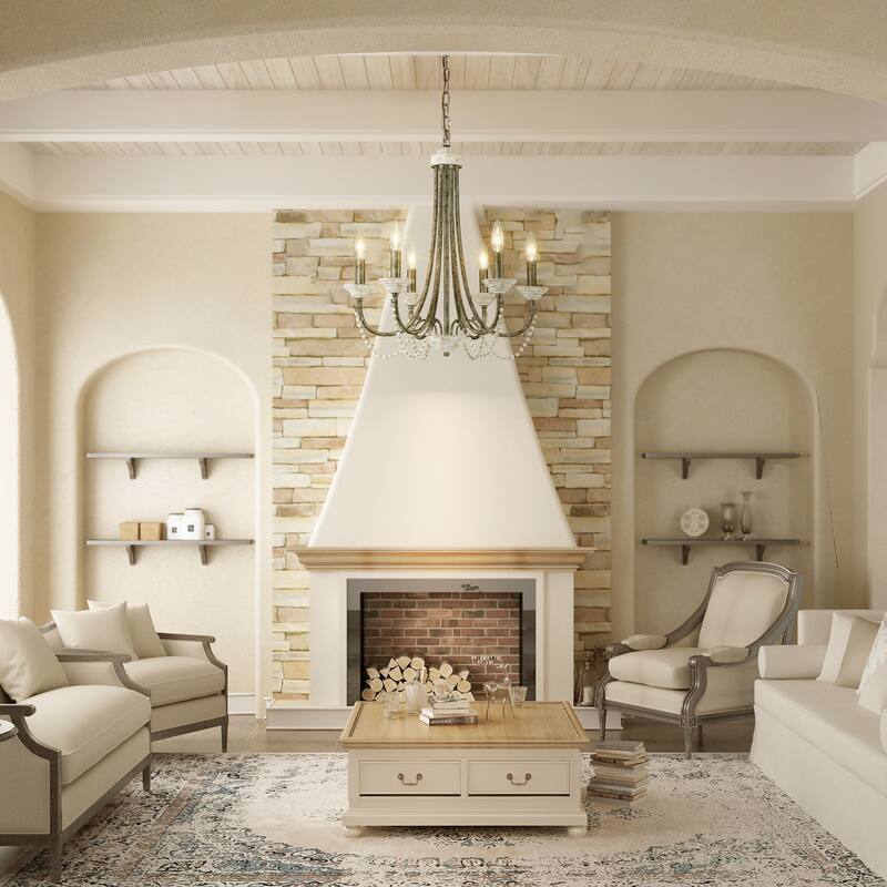 6-Light 20" Rustic French White Antiqued Wood Beaded Chandelier Light for Dining Room, Living Room