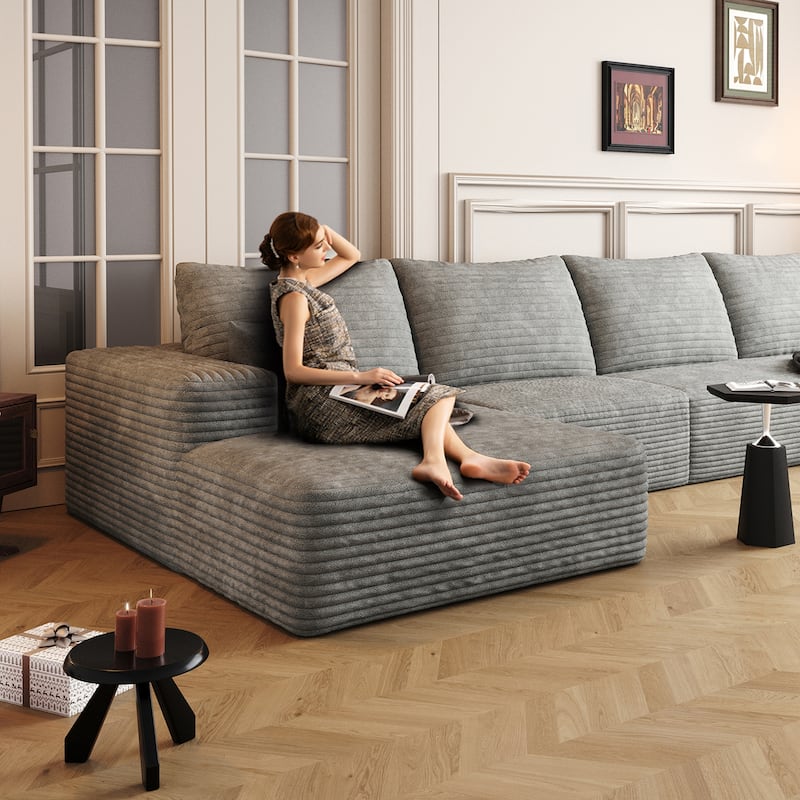 Large Sleeper Sectional Couch L-Shape Floor Modular Recliner Sofa Corduroy Upholstered Chaise Lounge with Ottoman for Livingroom
