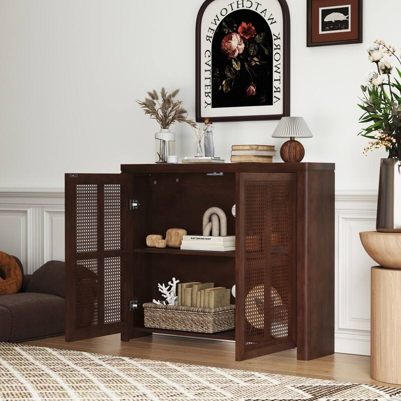 Mid Century Modern 63" Wide 2 - Cane Rattan Door Storage Sideboard, Retro Wine Bar Credenza for Living Room Entryway Kitchen