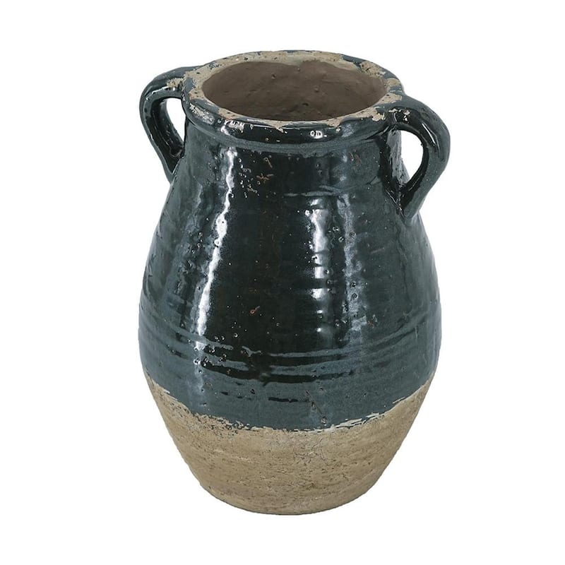 13" Forest Green And Sand Color Block Terracotta Round Jug Vase - 9.50