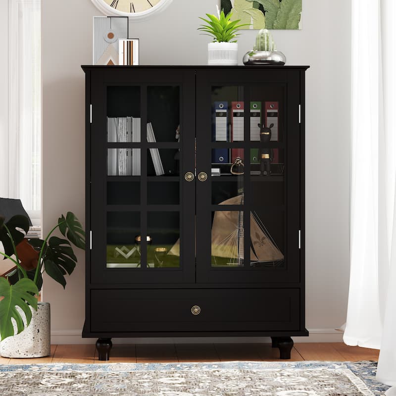 Buffet Cabinet with Double Glass Doors, Wooden Storage Cabinet, Sideboard Cupboard with Adjustable Shelves