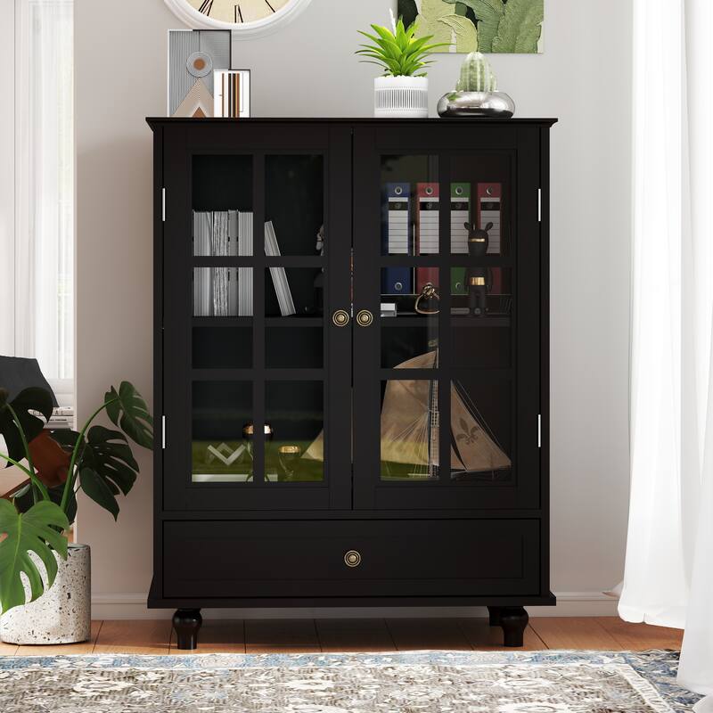 Buffet Cabinet with Double Glass Doors and Drawer, Modern Wooden Storage Sideboard Cupboard for Living room, Dining Room