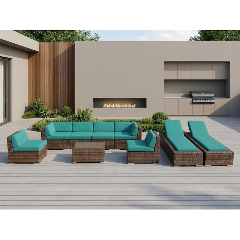Ohana Outdoor Patio 9-piece Mixed Brown Cushioned Wicker Sofa Set - No Assembly - Sunbrella Aruba