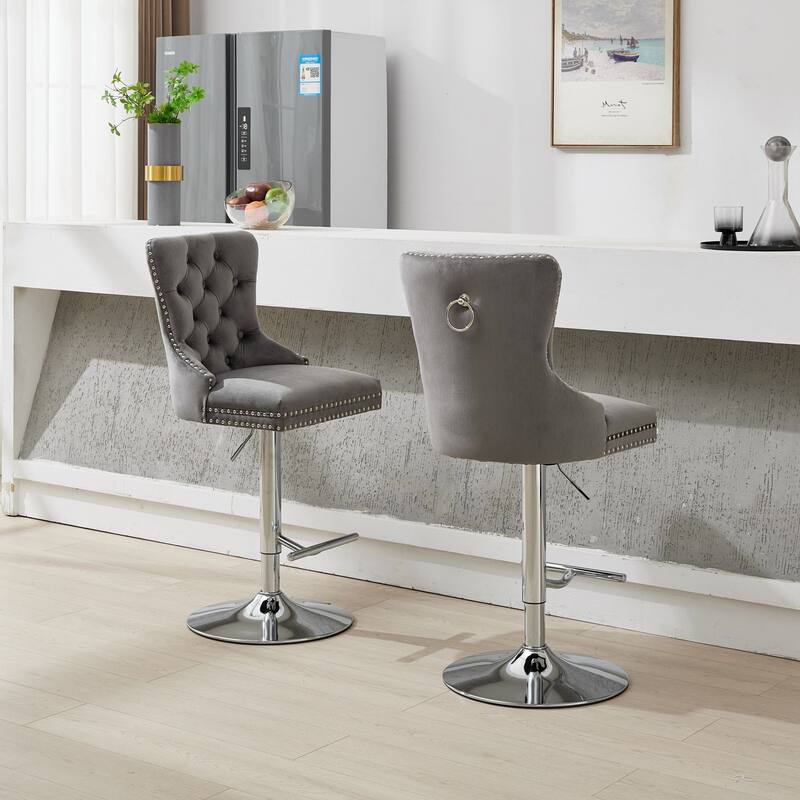 Thick Chrome Swivel Velvet Barstools,Adjustable Height,Modern Upholstered,Sponge&Spring（Set of 2)