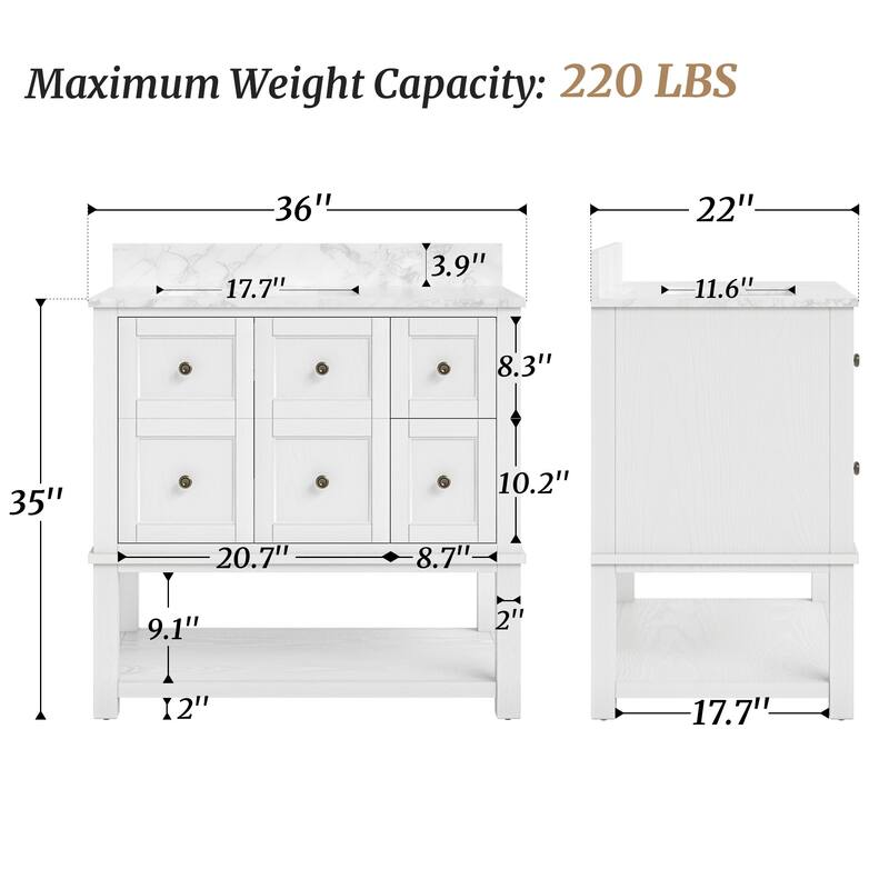 48" Bathroom Vanity with Sink, Marble Countertop Single Bathroom Vanity with 6 Drawers, White