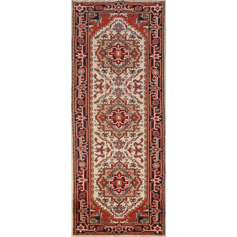 Hand Knotted Oriental 100% Wool Carpet Traditional Geometric Beige & Ivories Heriz (serapi) Runner Rug - 8' 0'' X 2' 7''