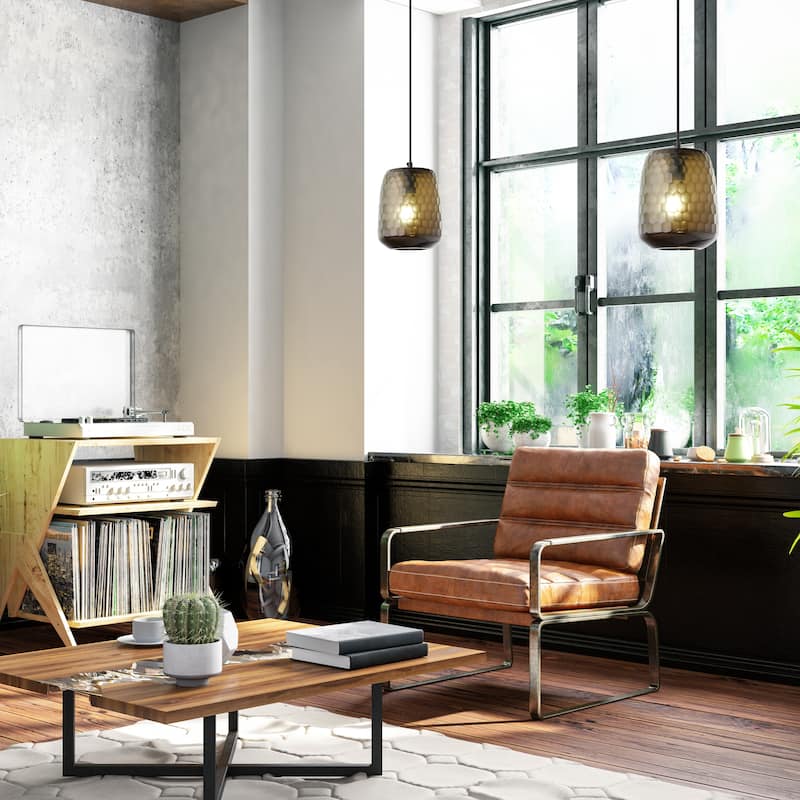 Beverly River of Goods Black Metal and Hand-Blown Glass Globe 7-Inch Pendant Light with Adjustable Hanging Cord - 7" x 7" x 64"