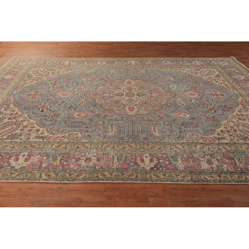 Light Blue Tabriz Persian Area Rug Hand-Knotted Floral Wool Carpet - 8'1"x 11'5"