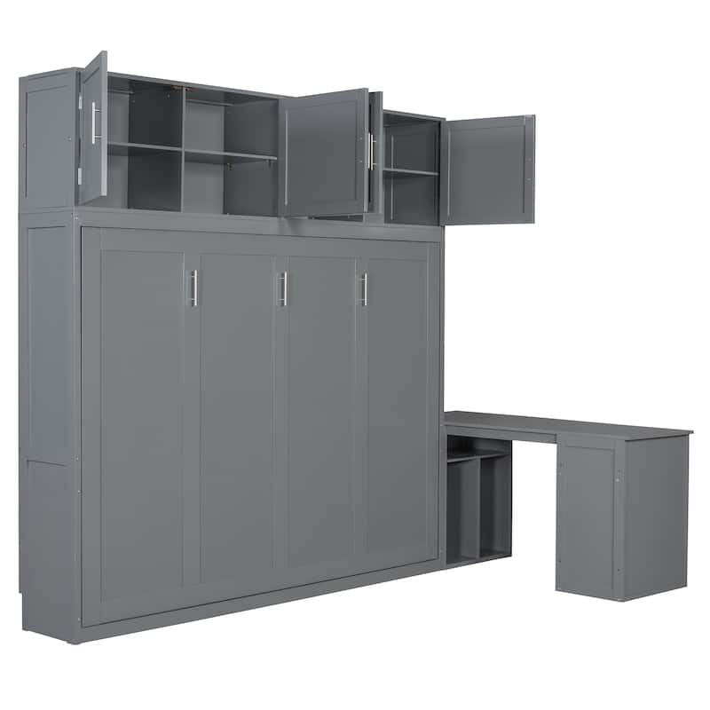 Queen Size Murphy Bed with Storage Shelves and 2 Storage Cabinets, Wooden Foldable Wall Bed Frame with Desk & Hydraulic Lift