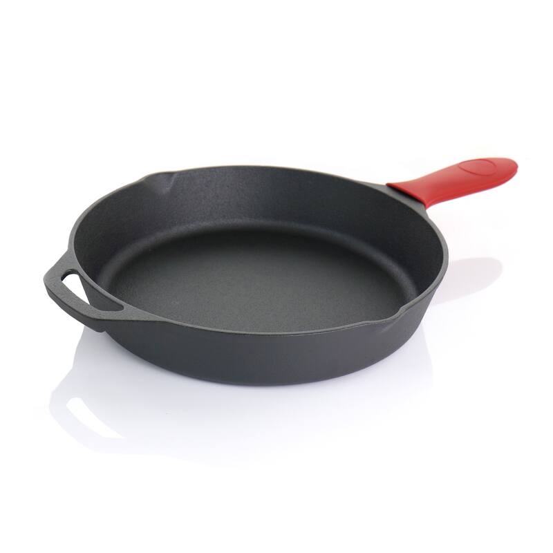 MegaChef Pre-Seasoned 7Pc CastIron Skillet Set w/Lids, Red Holder