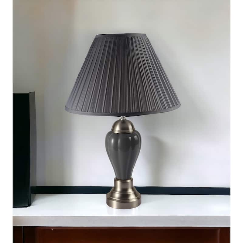 27" Transitional Ceramic Table Lamp with Empire Linen Shade and 3-Way Switch for Bedroom Decor - 27"H x 16"W x 16"D - Silver-Grey
