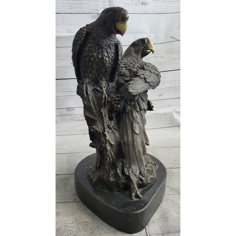 Pair Of Parrots Birds Bronze Sculpture Statue Figure On Marble Base Signed Milo