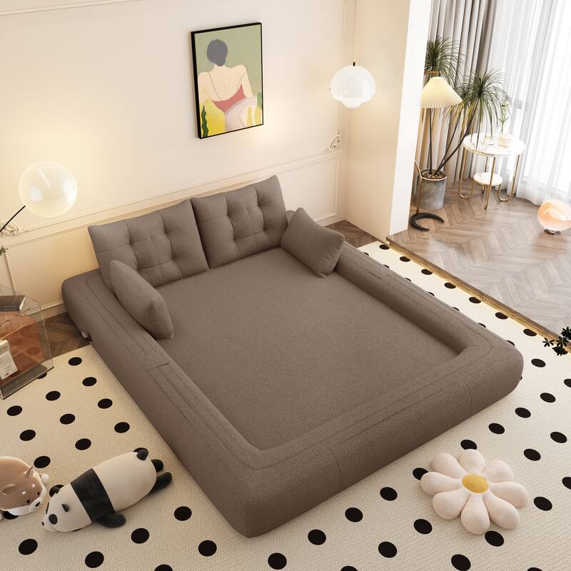 78.7" Foldable Sofa Bed, Teddy Fabric Convertible Floor Sofa Couch with Pillow, Upholstered Loveseat Sleeper Bed for Living Room