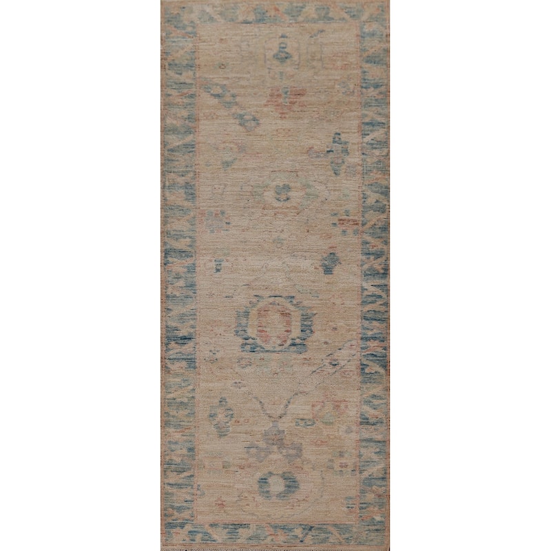 Hand Knotted Oriental 100% Wool Carpet Transitional Floral Beige & Ivories Oushak Runner Rug - 7' 11'' X 2' 6''