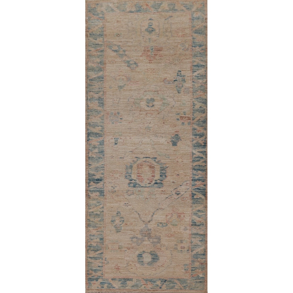 Hand Knotted Oriental 100% Wool Carpet Transitional Floral Beige & Ivories Oushak Runner Rug - 7' 11'' X 2' 6''