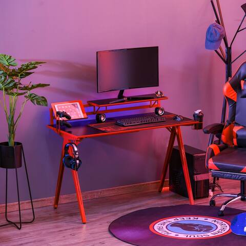 HOMCOM Gaming Desk Workstation with Monitor Shelf, Gamepad Rack, Cup Holder, Headphone Hook, and Cable Basket, Red