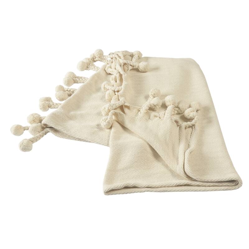 Sevita Cream Embroidered Chevron with Braided Fringe Standard Size Throw Blanket