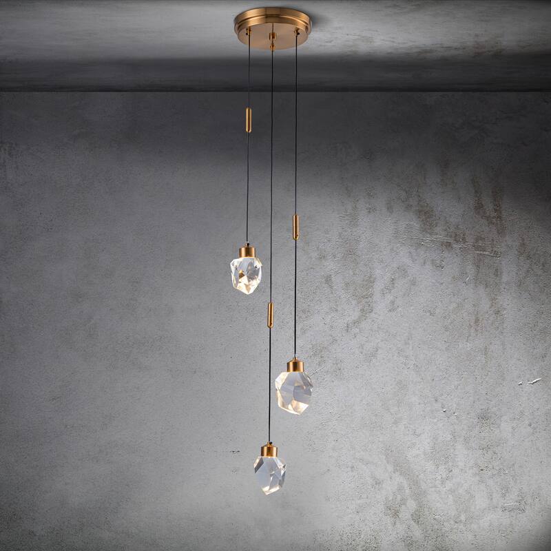 CraftHome 9'' Modern 3-Light Diamond Shape Crystal Cluster Integrated LED Pendant In Antique Gold Round Ceiling Lamp - W9'' - W9'' - Antique Brass