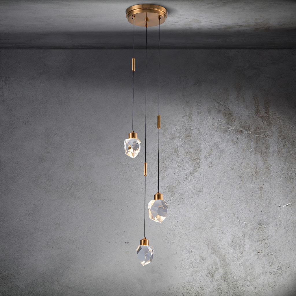 CraftHome 9'' Modern 3-Light Diamond Shape Crystal Cluster Integrated LED Pendant In Antique Gold Round Ceiling Lamp - W9''