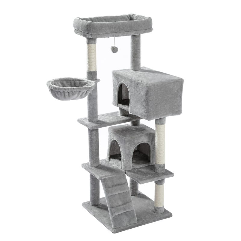 Cat Tree with Large Top Perch, Plush Hammock, 2 Condos, Dangling Pompom & Cat Scratching Posts