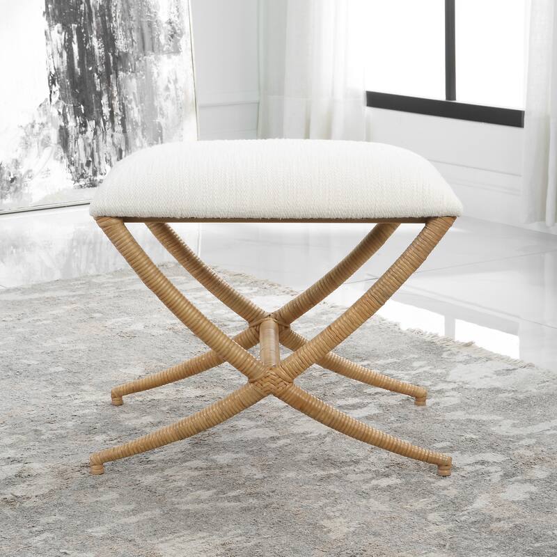 Coastal Small Bench with Rattan Wrapped Base - 23.5" - White and Brown
