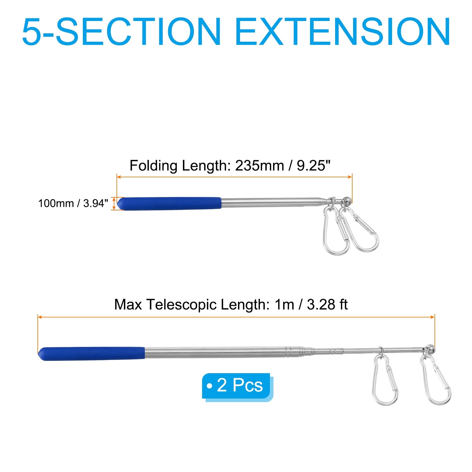 Collapsible Handheld Flagpole Tour Guide Flag Pole Stainless Steel Portable Flag Pole with Clips for Teaching Pointer Training