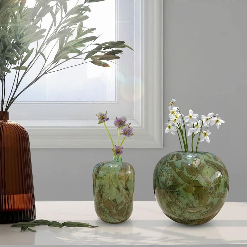 Set of Two Handblown Round Glass Vases in Green
