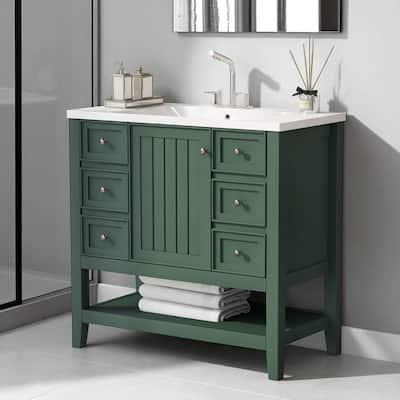 36" Bathroom Vanity with Ceramic Sink, 1 Cabinet, 3 Drawers, Solid Wood & MDF Construction
