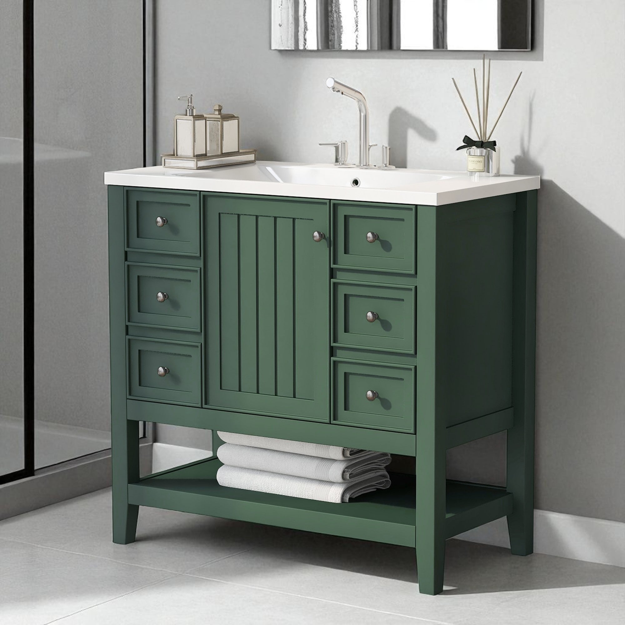 36" Bathroom Vanity with Ceramic Sink, 1 Cabinet, 3 Drawers, Solid Wood & MDF Construction
