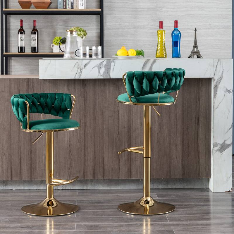 Set of 2 Adjustable Swivel Bar Stools, Green Velvet with Chrome Footrest & Gold Legs
