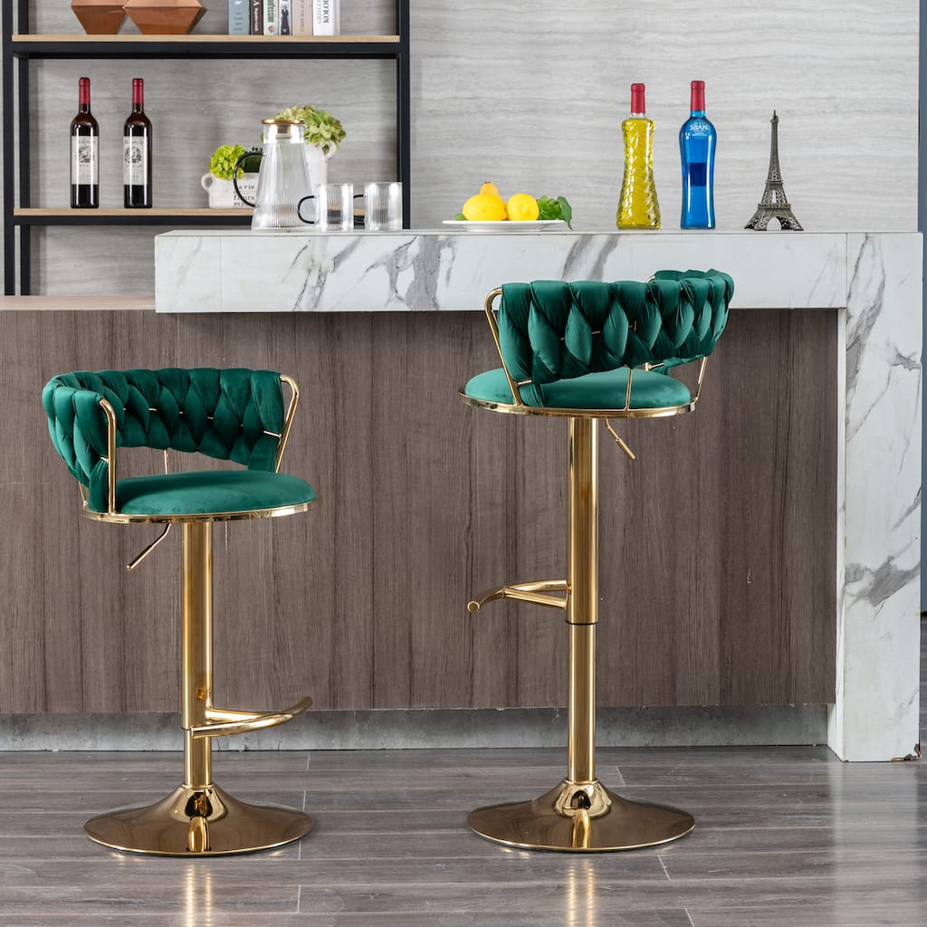 Set of 2 Adjustable Swivel Bar Stools, Green Velvet with Chrome Footrest & Gold Legs