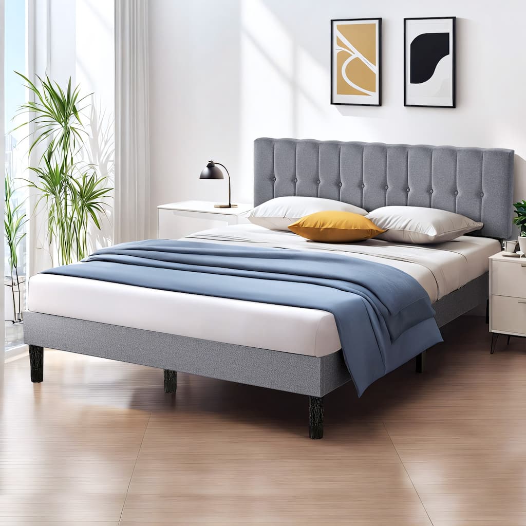 Twin Bed Frame Upholstered Platform with Headboard and Strong Wooden Slats,No Box Spring Needed, Easy Assembly