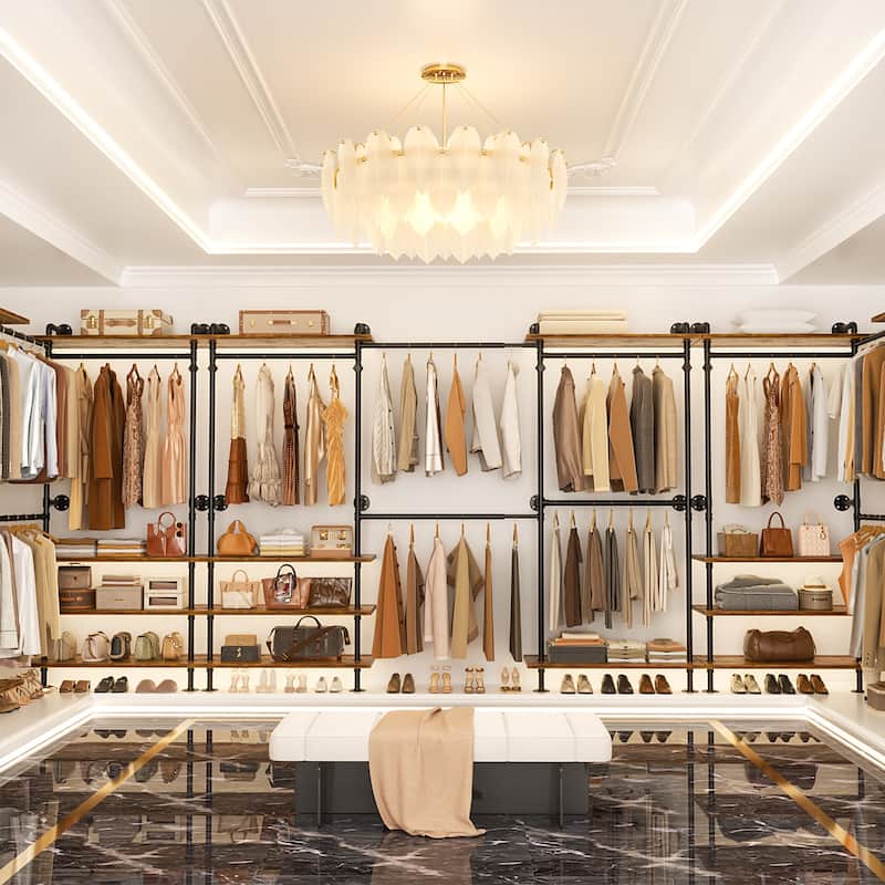 Expandable Industrial Pipe Clothing Rack with 6 Open Shelves,Adjustable Walk-in Closet Organizer System Garment Rack