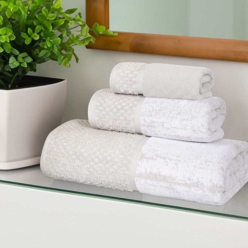 Superior Modern Cotton 3 Piece Bathroom Towel Set - Jacquard Solid & Abstract Patterned Mix