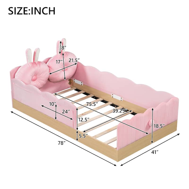 Twin Size Upholstered Bed with Bunny Ear Shape Pillows and Rabbit Tail Footboard, Storage Bags, Wave Frame Platform Bed