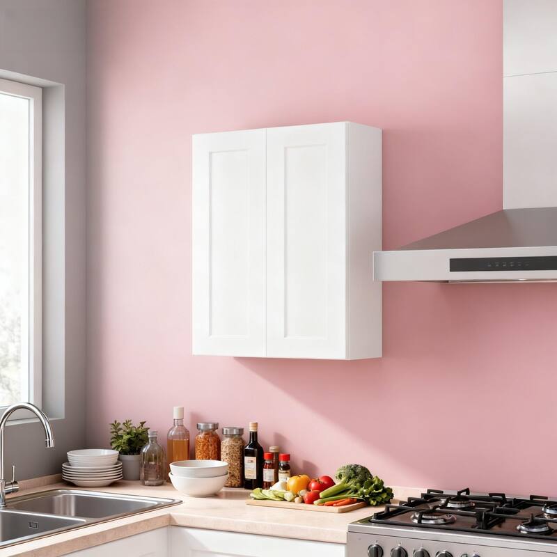 27 Inch White Shaker Double Door Wall Cabinet Solid Wood with 2 adjustable shelves Ready to Assemble for Kitchen Storage - White