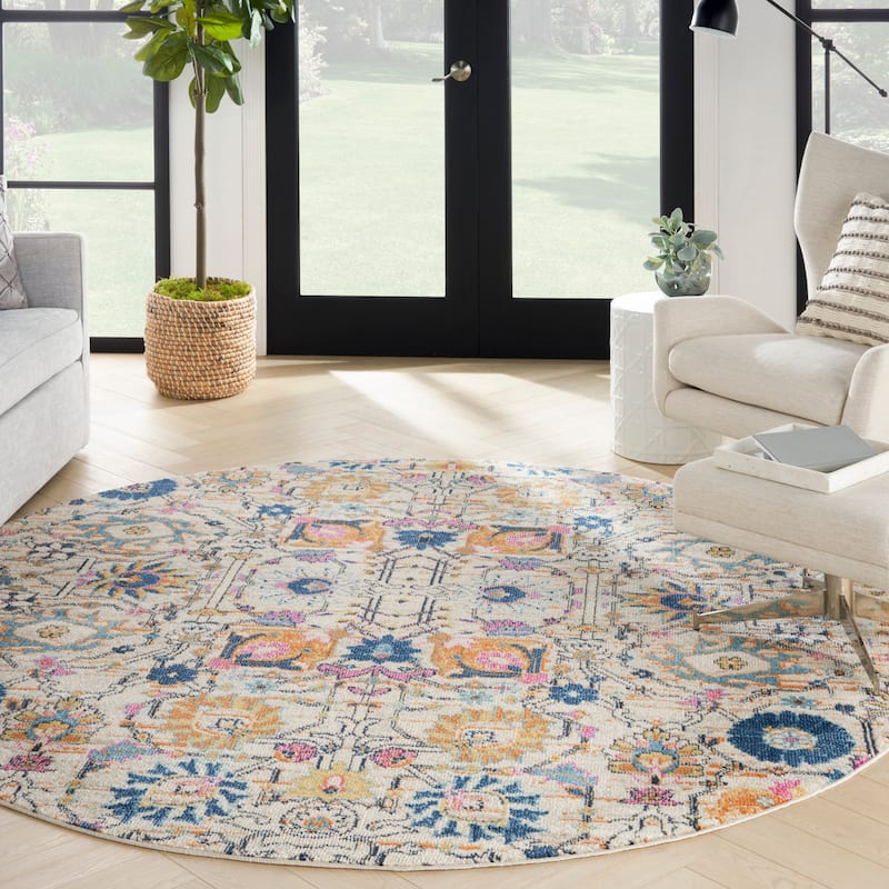 Nourison Passion Boho French Country Floral Area Rug. - 8' Round - Ivory - Runner
