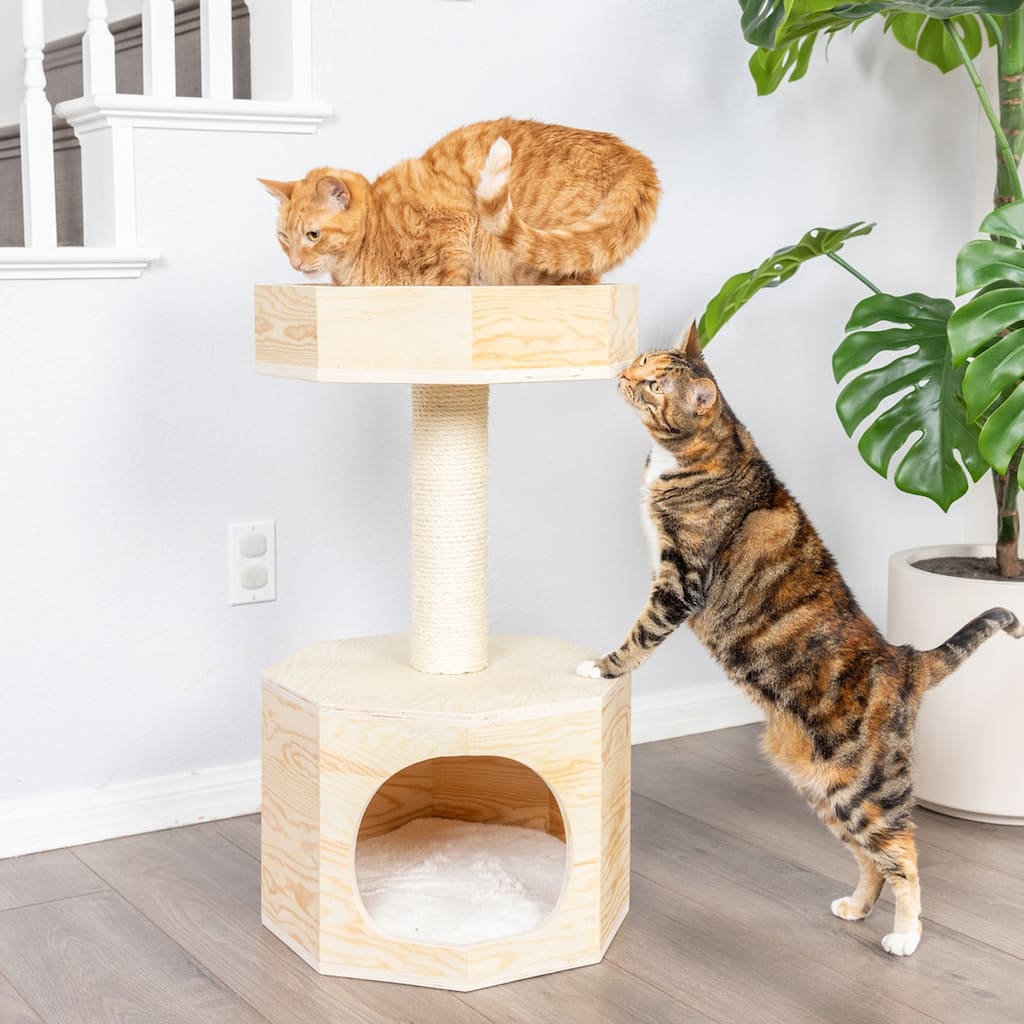 Premium Scots Pine 29-Inch Real Wood Cat Tree with Perch and Condo - 16"(L)X16"(W)X29"(H)