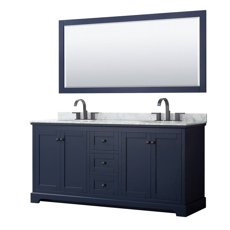 Wyndham Collection Avery 72" Free Standing Double Basin Vanity Set - Dark Blue / White Carrara Marble Top / Matte Black - Painted