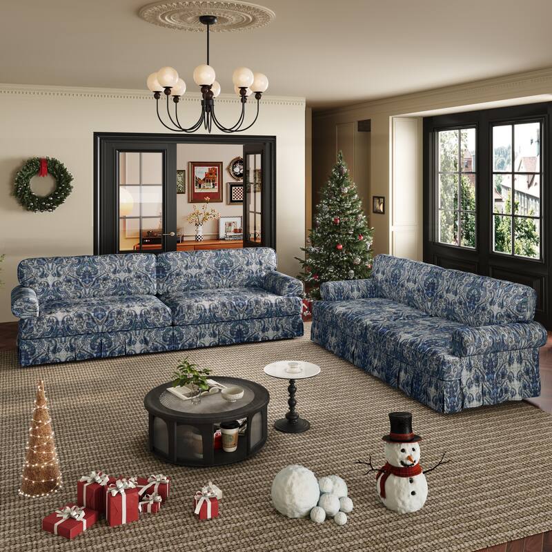 2 Piece Sofa Set for Living Room, Classic 4 Seat Couch and 3 Seat Sofa with Pleated Skirt Design, Rolled Arms Deep Seat Couches