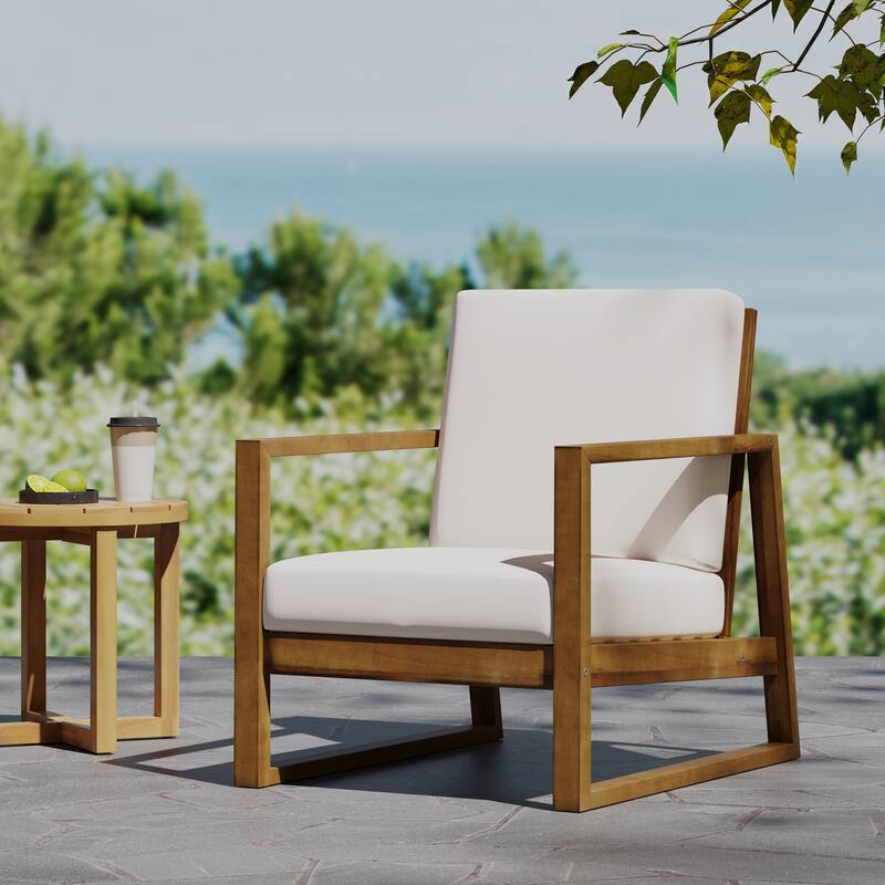 Roomfitters Modern Outdoor Wooden Club Chair with Clean-Line Frame and Weather-Resistant Cushions