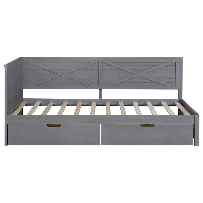 Twin Size Daybed with 2 Storage Drawers and Rustic Guardrail, Solid Wood Daybed Frame Sofa Bed with L-Shaped Headboard