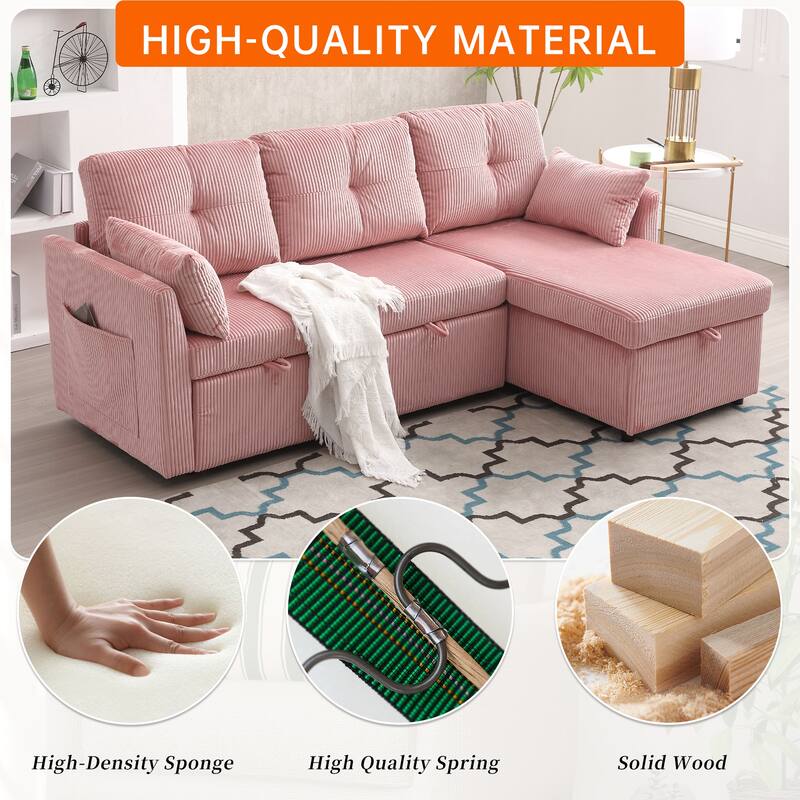 Corduroy/Chenille Upholstered L-Shaped Storage Reversible Chaise Sectional Sofa with Side Pocket