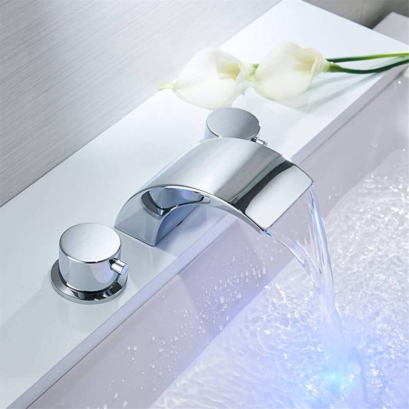 LED Widespread Bathroom Faucet With Drain Assembly 3 Holes Waterfall Bathroom Sink Faucets WIth Light 2 Handle Basin Vanity Tap